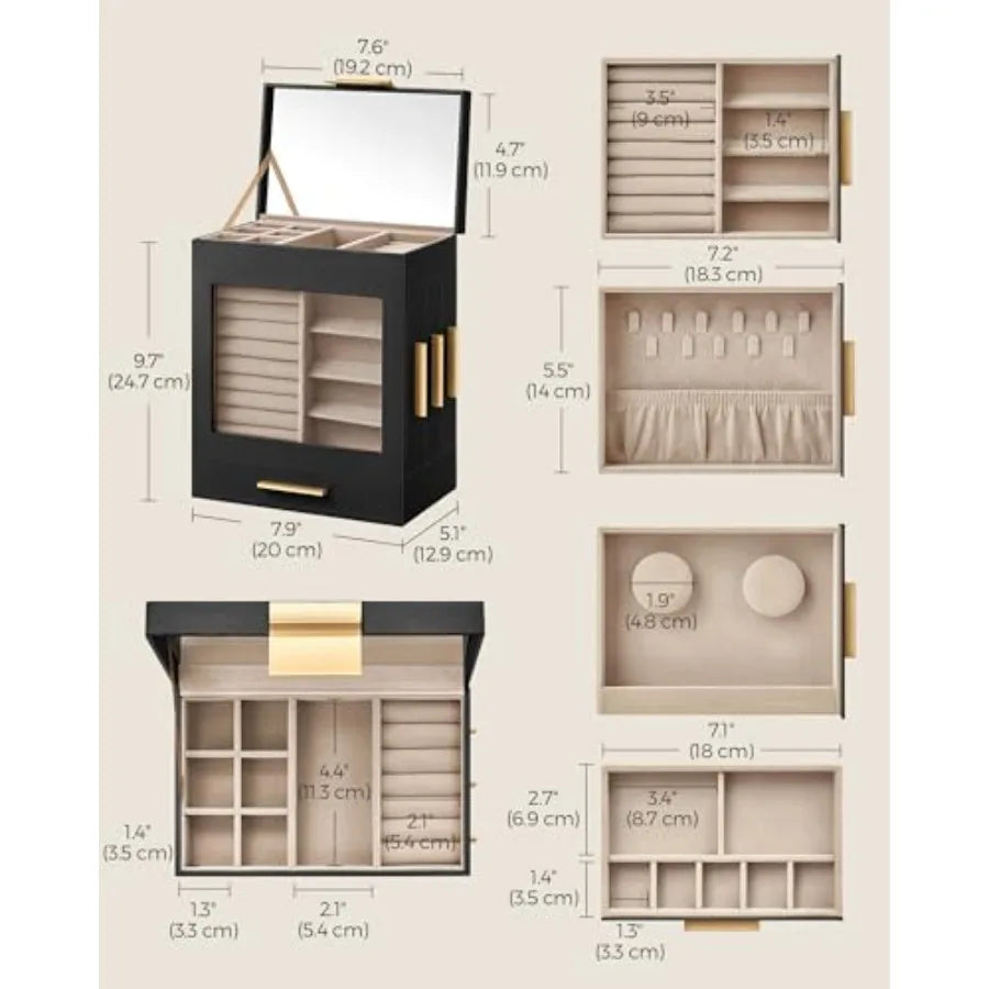 Jewelry Box with Glass Window 5-Layer Jewelry Organizer with 3 Side Drawers Jewelry Storage with Big Mirror Modern 5.1 x 7.9 x
