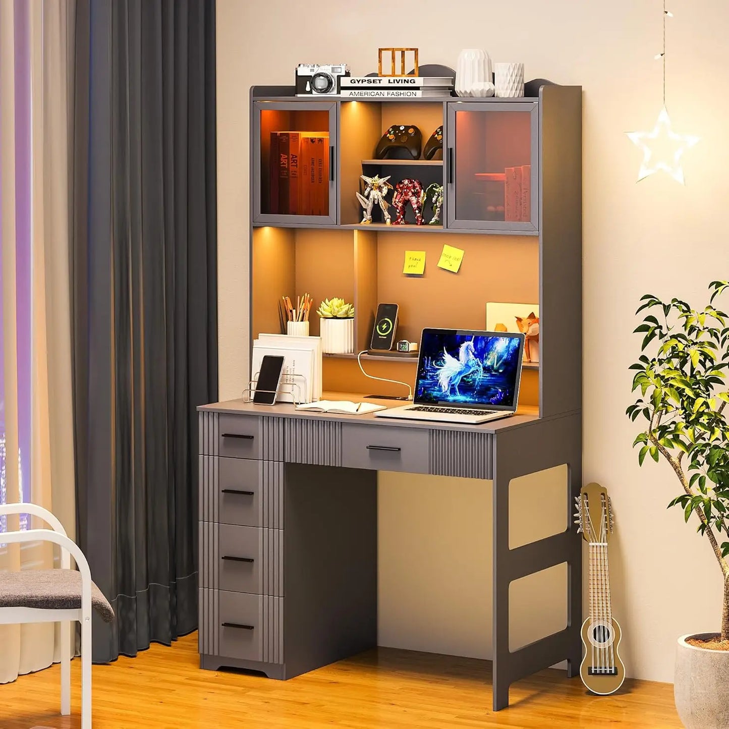 LED Study Desk with Hutch and Drawer, Home Office with Outlet,Computer Desk with Charging Station,Writing for Bedroo,Customized