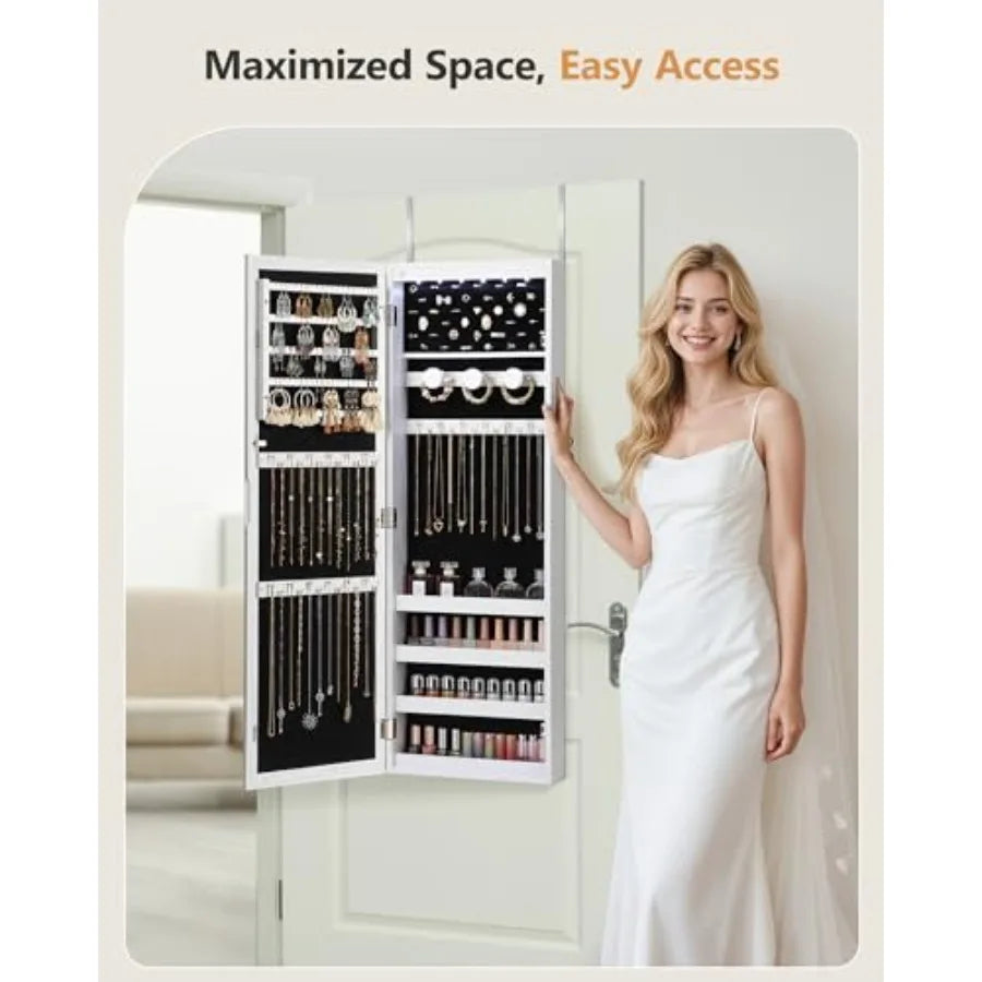 6 LEDs Mirror Jewelry Cabinet Large Capacity Lockable Jewelry Armoire Organizer Door or Wall Mounted Mirror with Jewelry Storag