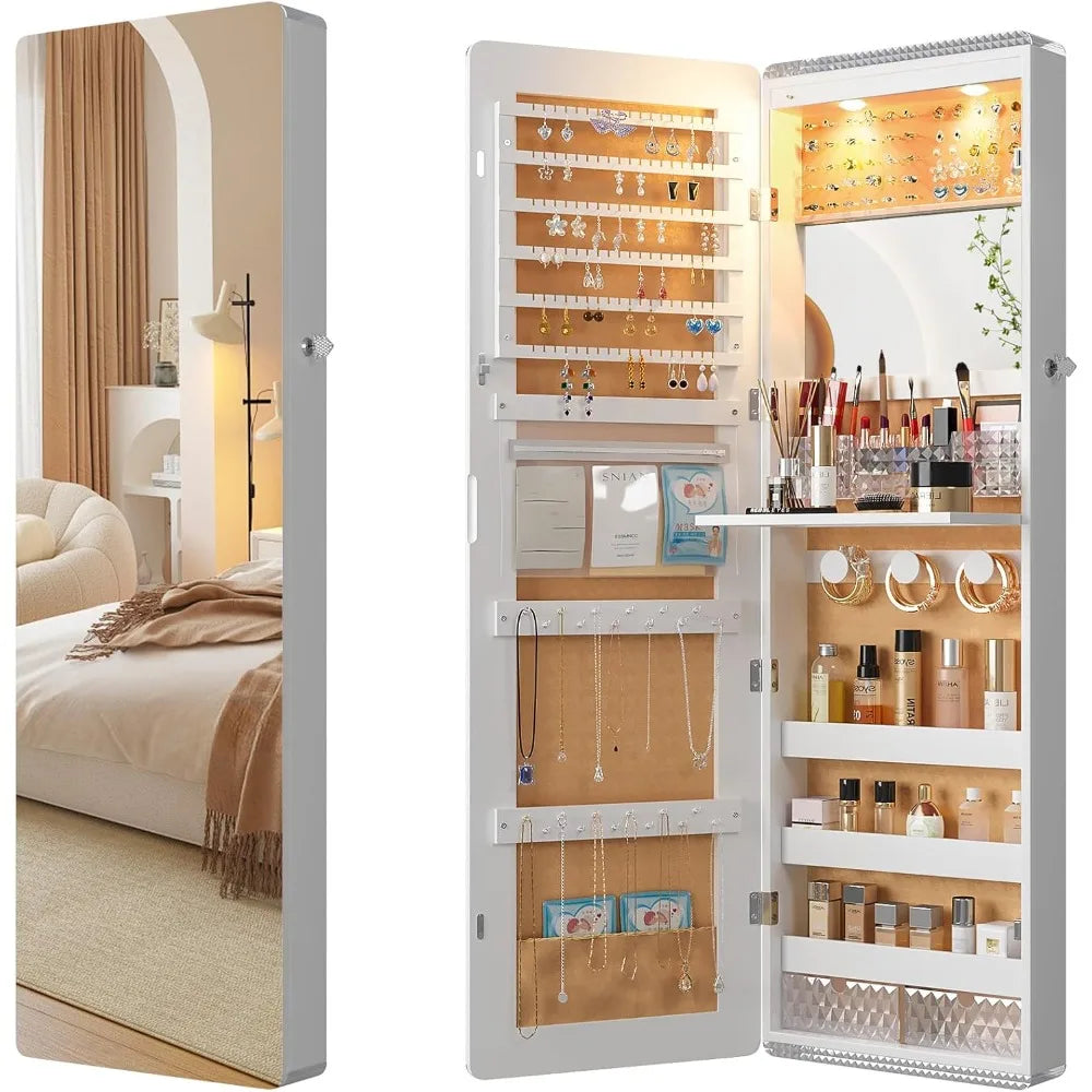 LED Mirror Jewelry Cabinet with RGB Lights,Wall Mounted Jewelry Organizer with Full-Length Mirror,Over The Door Hanging Jewelry