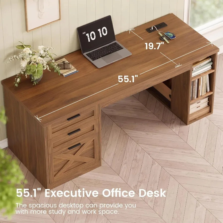 55.1 Executive Office Desk with 3 Drawers and Farmhouse Design Featuring File Drawer Storage Shelves and Built-in Power Outlet