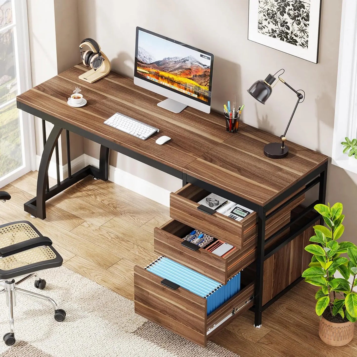 59 Inch Computer Desk with 3 Drawers, Study Writing Table Workstation with File Storage, Home Office Desks with Large Desktop