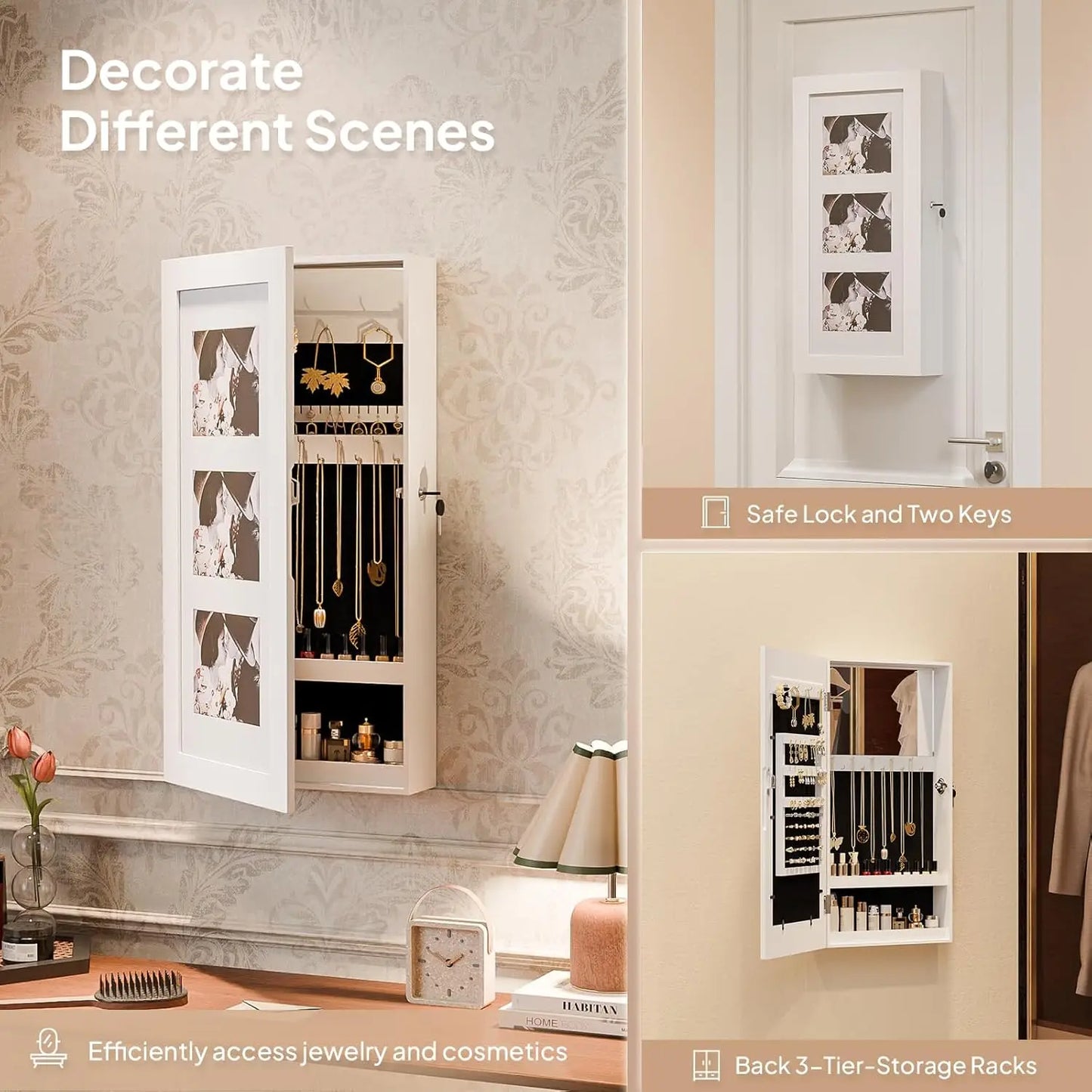 White Wall Mount Jewelry Cabinet with Photo Frame & Mirror, 24x12x4 Inch Storage Organizer for Women's Bedroom