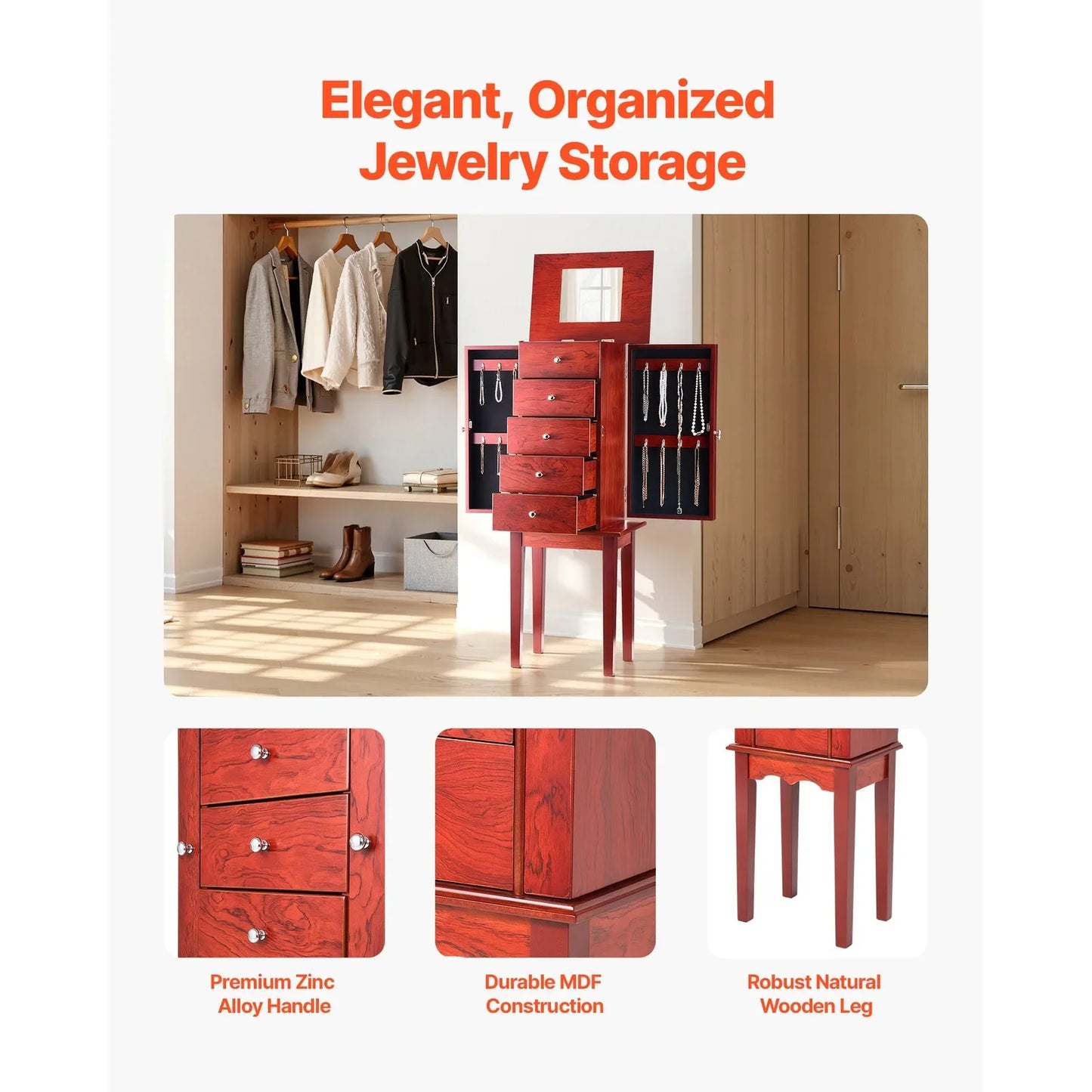 Jewelry Cabinet Armoire Standing Jewelry Storage Chest with 4 Drawers & Mirror
