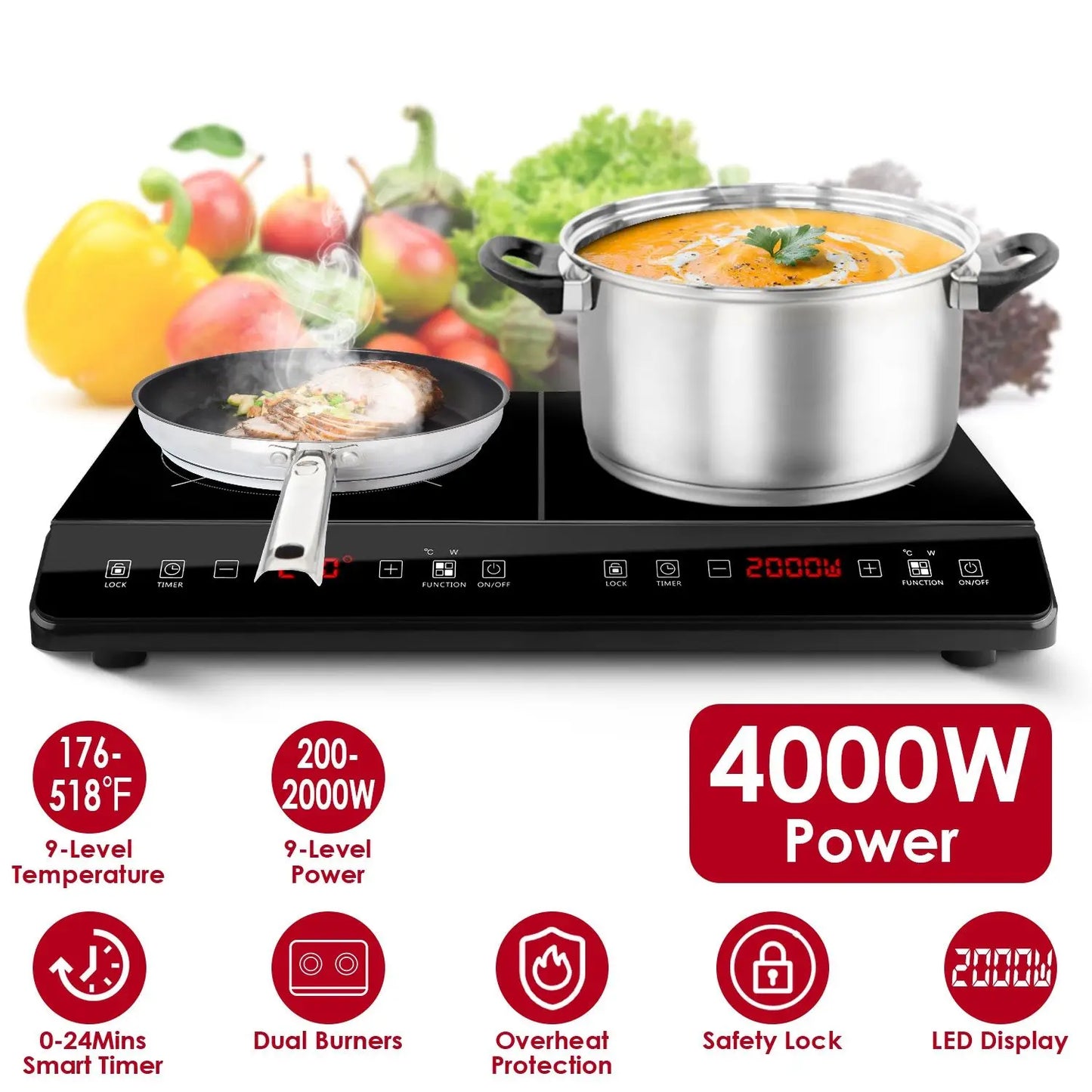 4000W High Power Dual Pot Electric Stove Induction Cooktop  Cooker Plate Kitchen 110V Fast Heating Durable Sturdy Cooking Stove