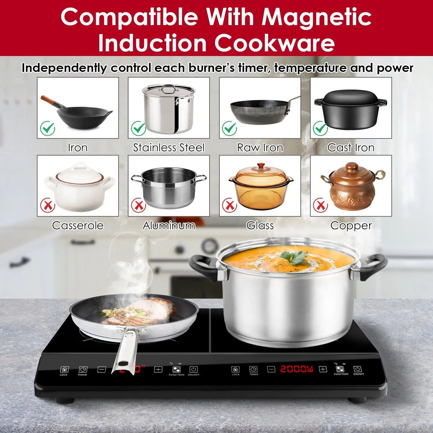 4000W High Power Dual Pot Electric Stove Induction Cooktop  Cooker Plate Kitchen 110V Fast Heating Durable Sturdy Cooking Stove