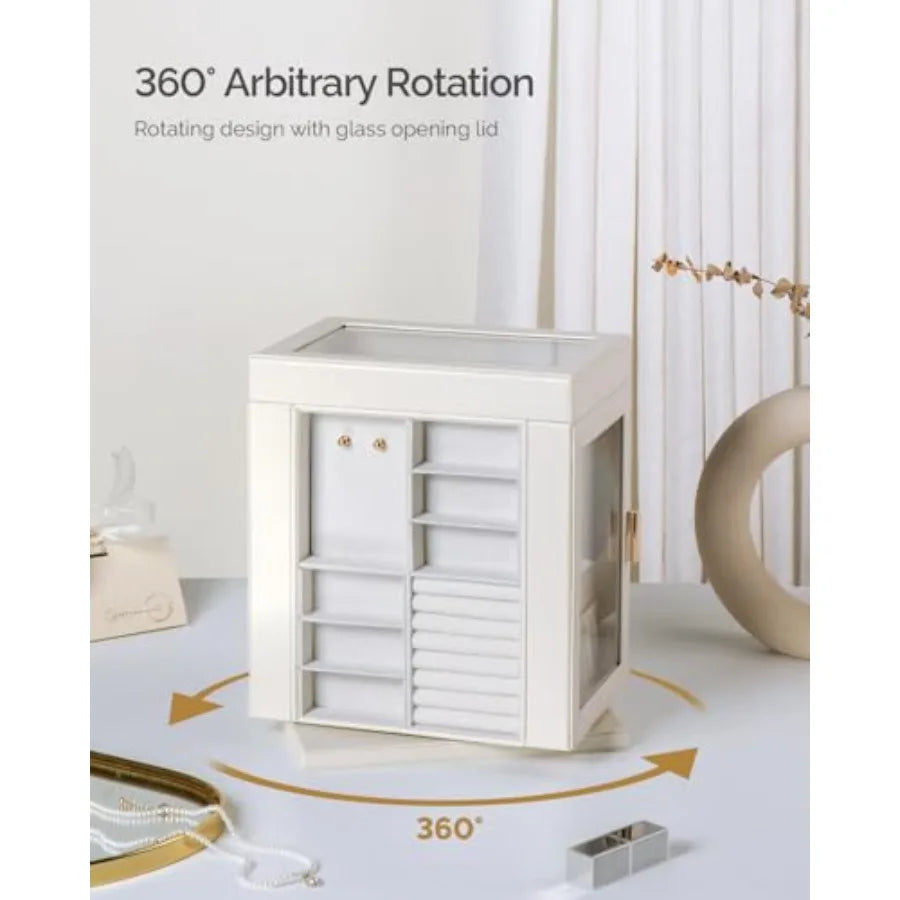Jewelry Box 360° Rotating 6-Tier Organizer Open Design Large Vertical Jewelry Display Storage Case with Glass Window Gift for W