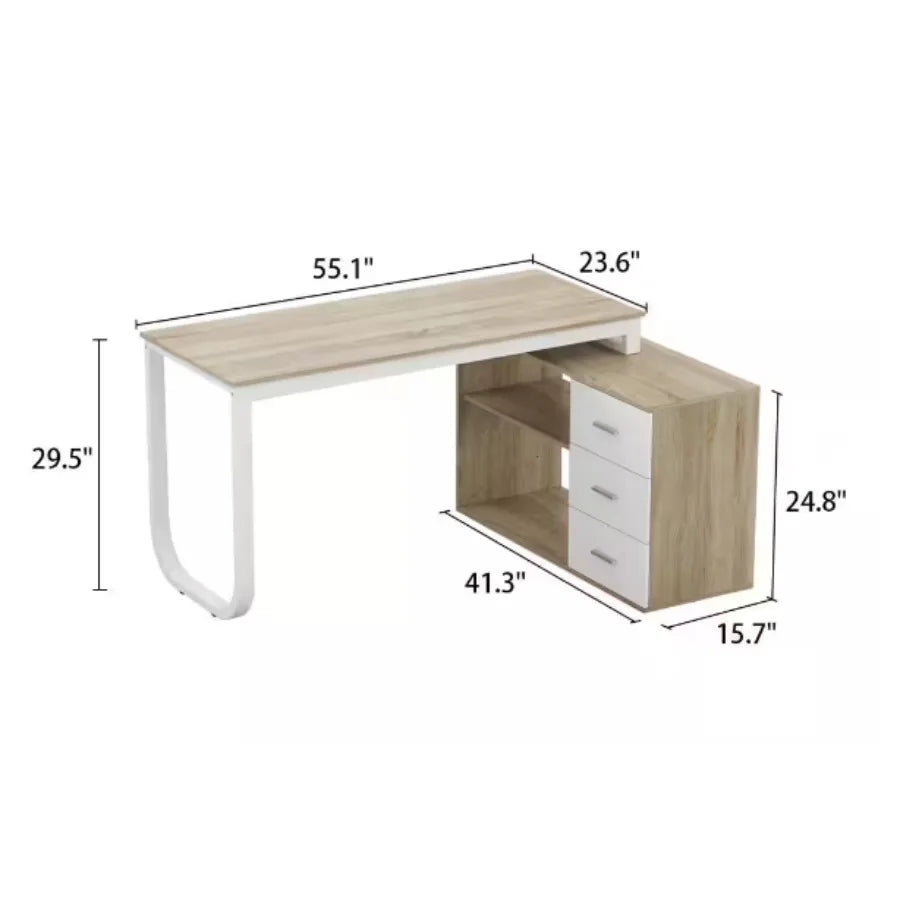 55.1 in. L Shaped Oak and White Wood with 3-Drawer Computer Desk Writing Desk Study Table Home Office,easy to assemble