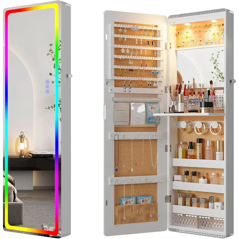 LED Mirror Jewelry Cabinet with RGB Lights,Wall Mounted Jewelry Organizer with Full-Length Mirror,Over The Door Hanging Jewelry
