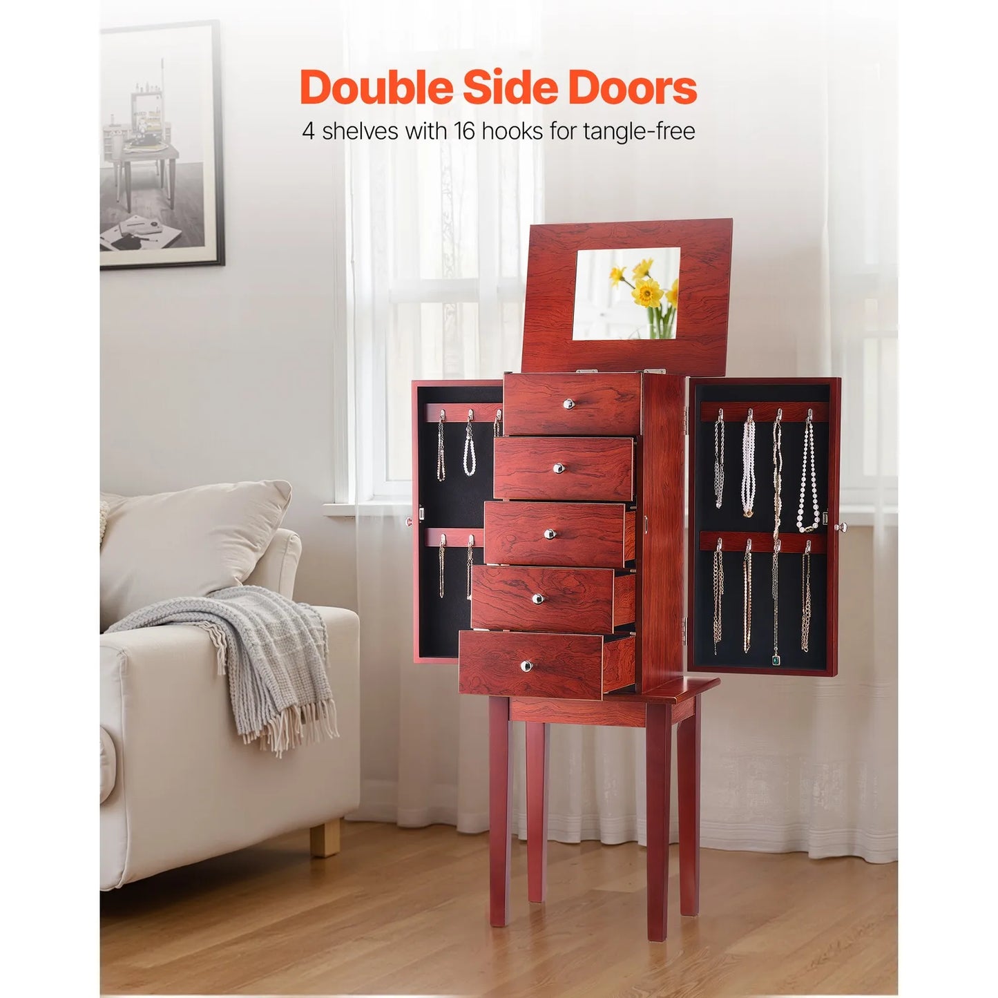 Jewelry Cabinet Armoire Standing Jewelry Storage Chest with 4 Drawers & Mirror