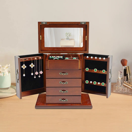 5 Tiers 4 Drawers Wooden Jewelry Box with Mirror Storage Box Large Soft Interior Gift Organizer for Necklace Earring