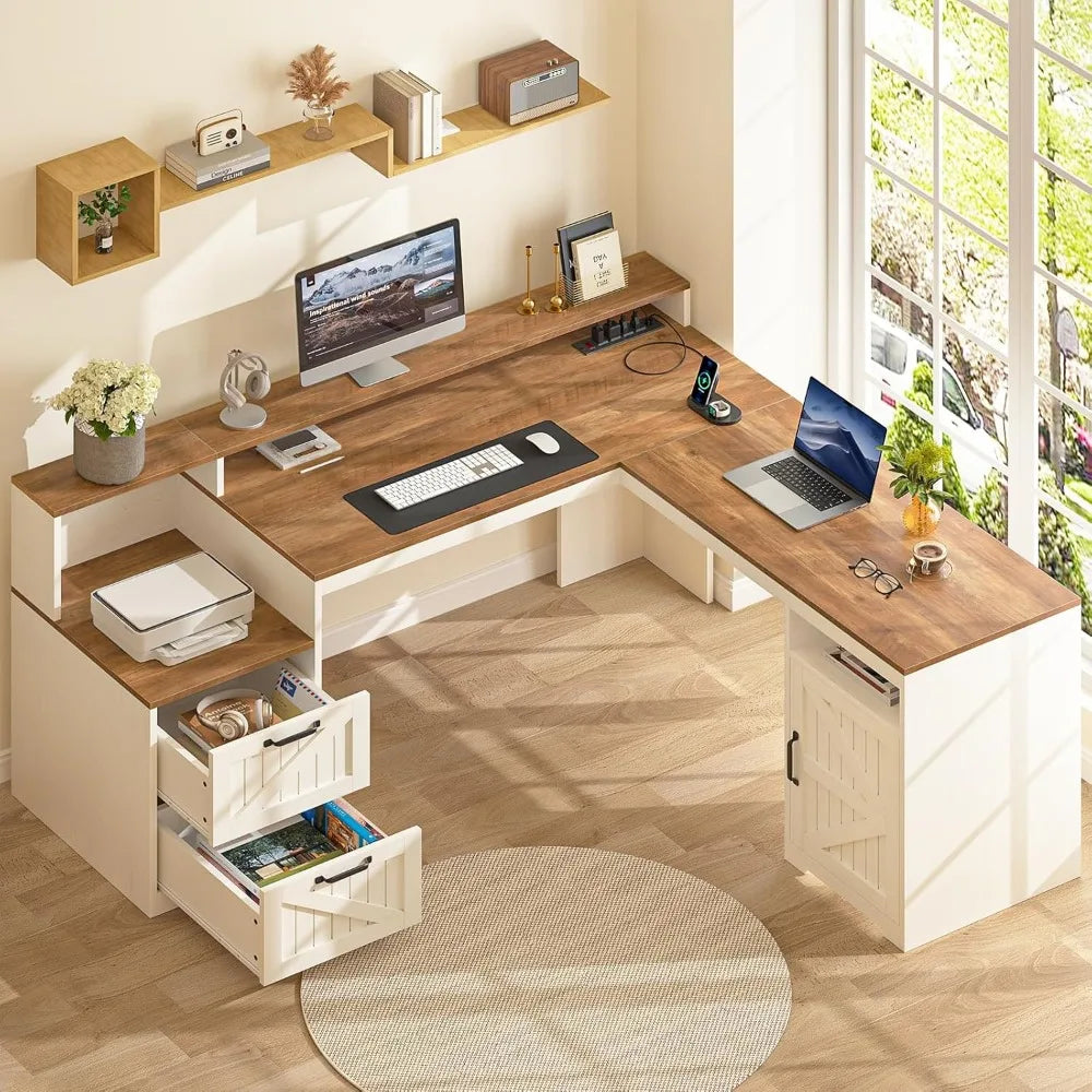 63" Farmhouse L Shaped Executive Desk with Drawers & Storage Shelf, Corner Computer Desk with Power Outlets, L Shaped Office Des