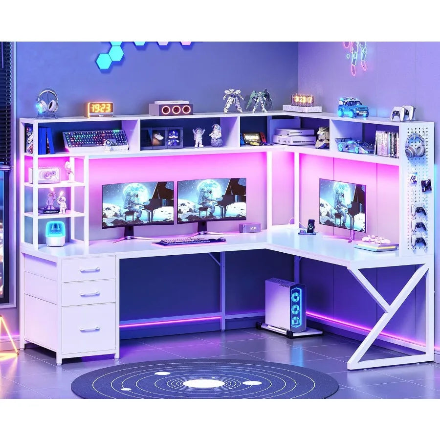 Corner Computer Desk Convertible 94.5 Gaming Desk with Storage Drawers Hutch and Pegboard L Shaped Office Desk with Power Outle