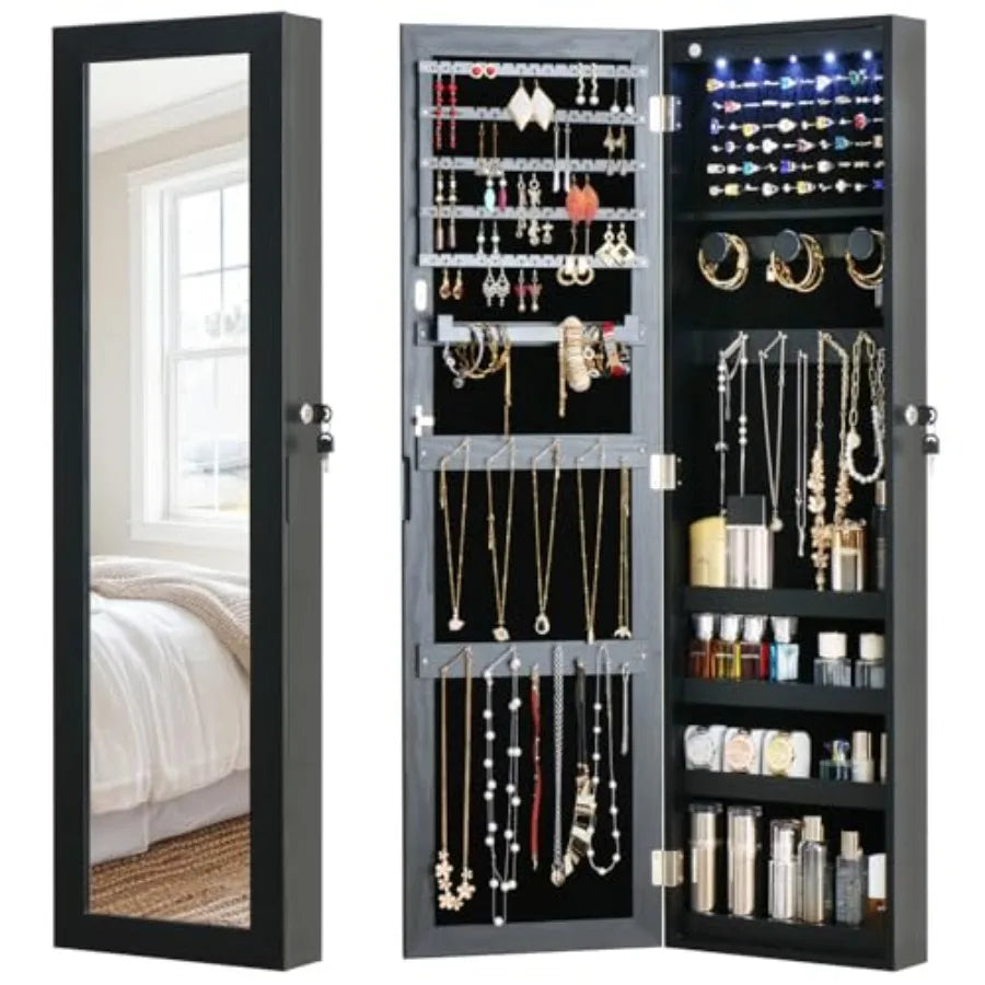 Full Length Mirror Jewelry Cabinet Organizer Lockable Door Wall-Mounted Jewelry Armoire with Shelves and Behind the Door Storag