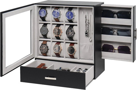 9-Slot Leather Watch Box with Glass Lid and Drawer, Jewelry Organizer for Watches and Sunglasses, Gift for Men Women