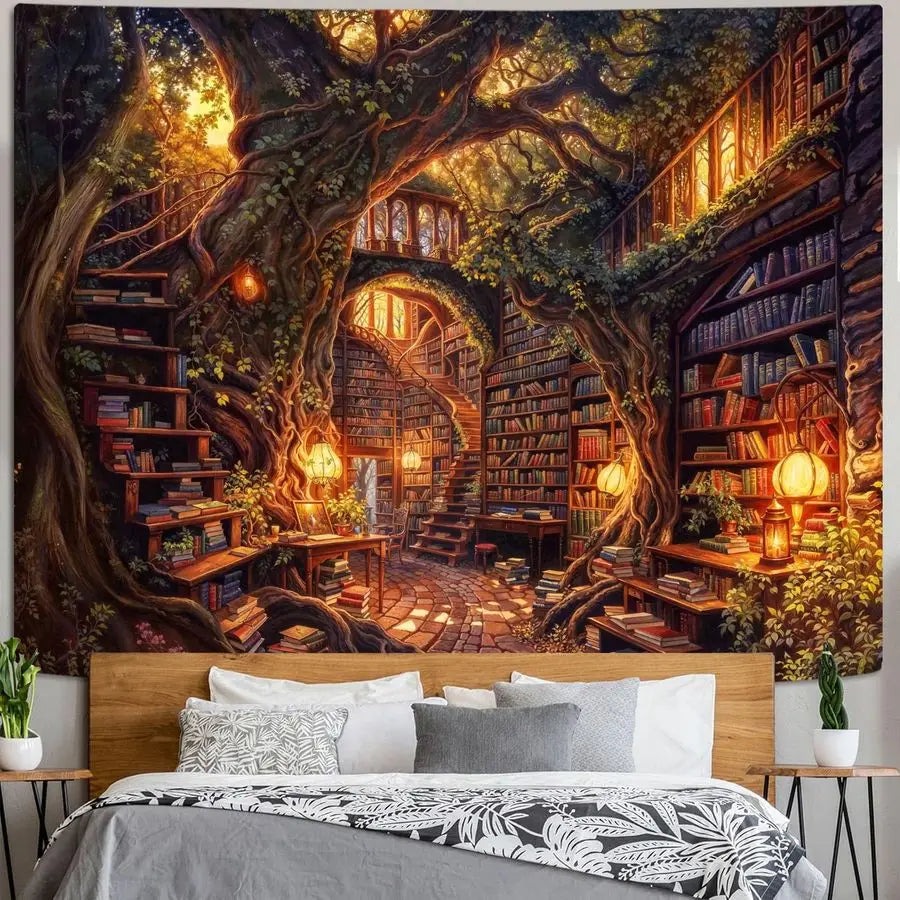 Forest Library Tapestry Tree Bookshelf Tapestries Wall Hanging Vintage Fantasy Fairy Treehouse Book Extra Large Tapestry for Bed