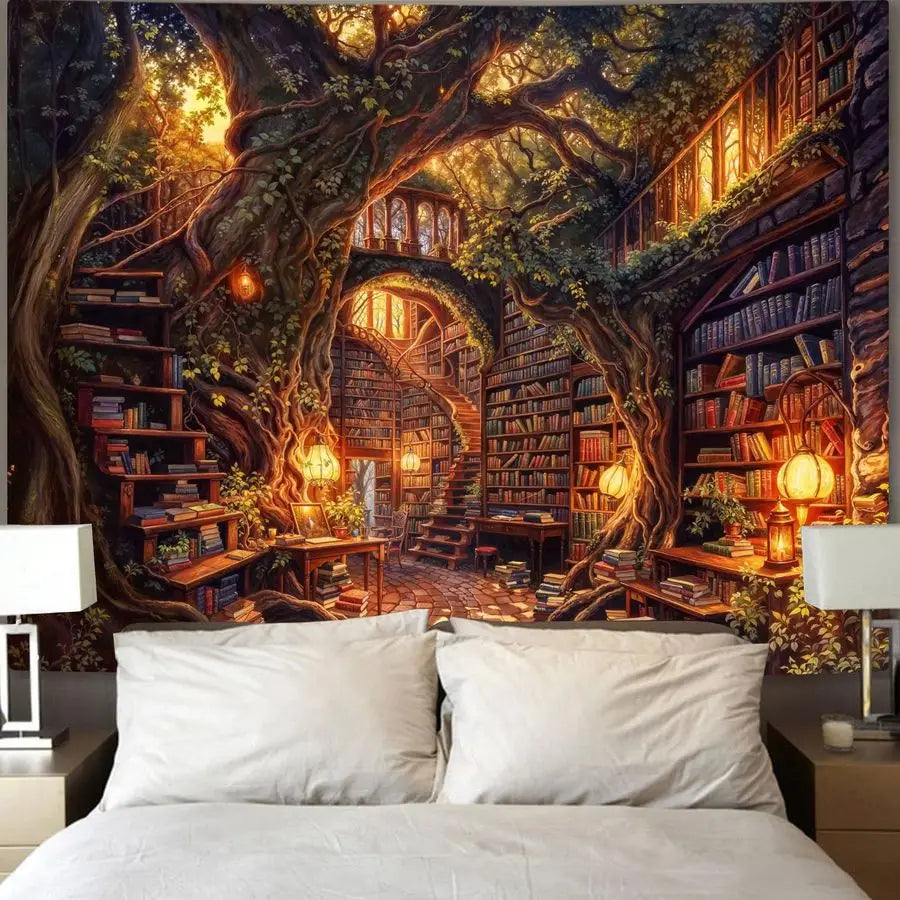 Forest Library Tapestry Tree Bookshelf Tapestries Wall Hanging Vintage Fantasy Fairy Treehouse Book Extra Large Tapestry for Bed