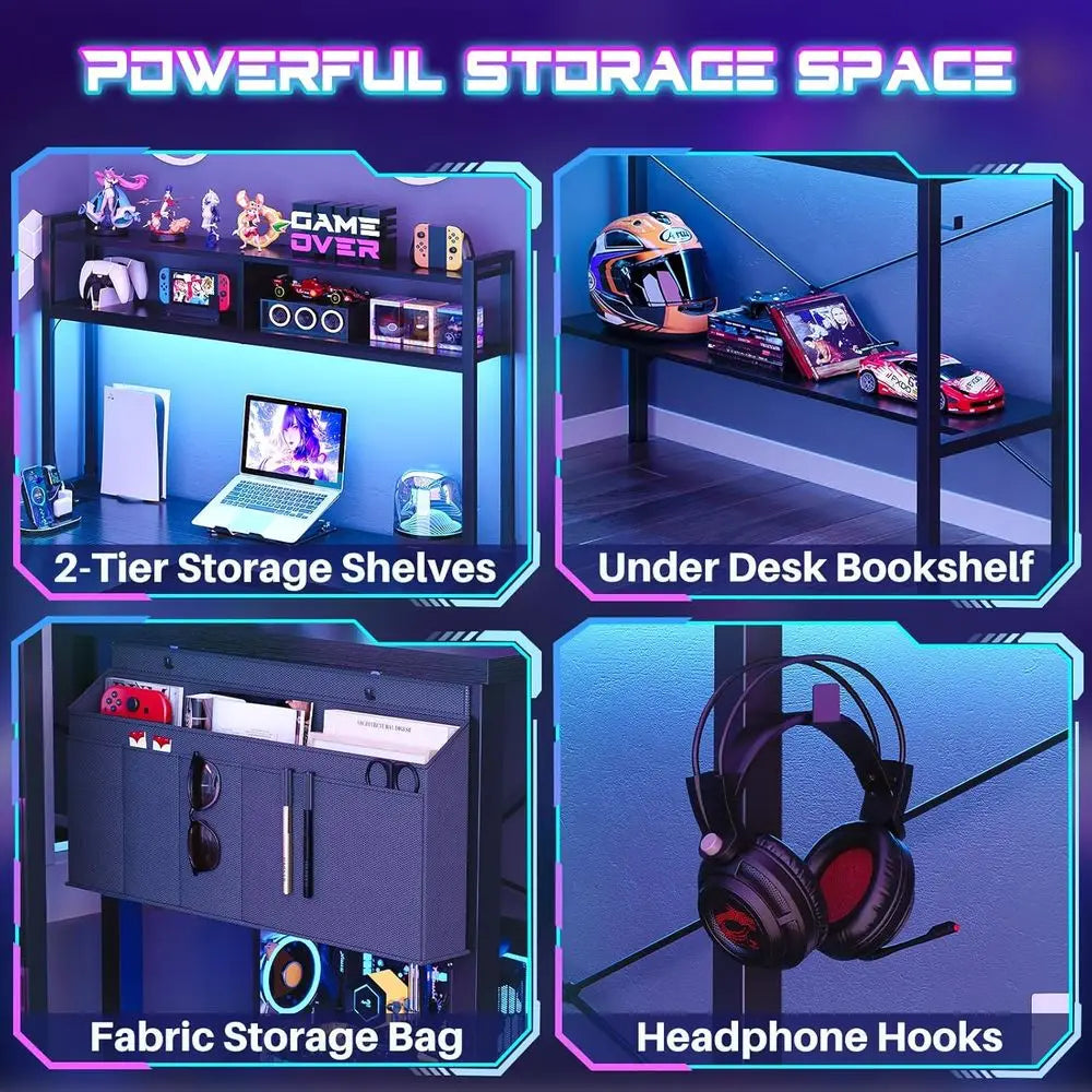 59 L Shaped Computer Desk with LED Light & Power Outlet, Reversible Home Office Desk Gamer Desks with Shelves & Storage Bag & Ho