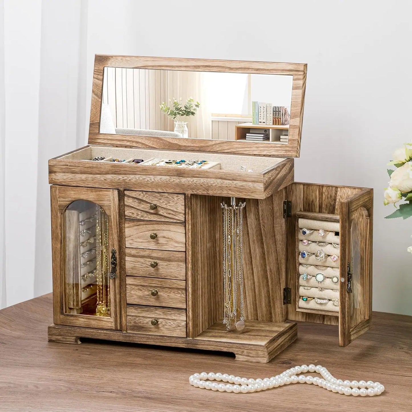 Rustic Wooden Jewelry Organizer Box with Mirror, 5-Layer Storage for Necklaces Earrings Rings Bracelets