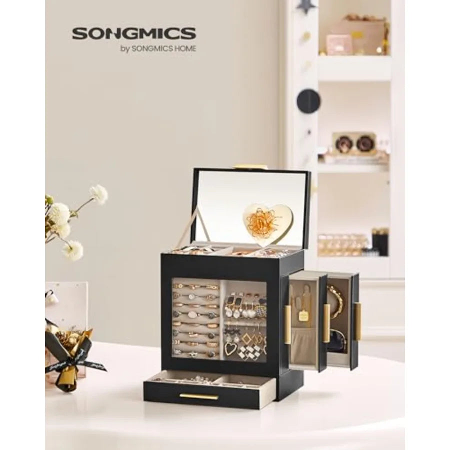 Jewelry Box with Glass Window 5-Layer Jewelry Organizer with 3 Side Drawers Jewelry Storage with Big Mirror Modern 5.1 x 7.9 x