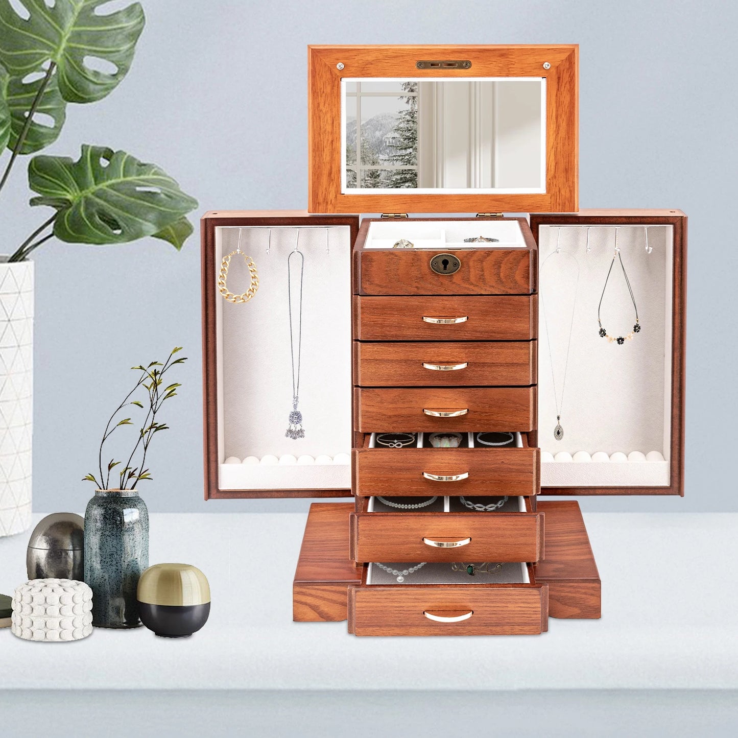 Retro Walnut Jewelry Box 7 Layers MDF Flocking Cloth Lining Rectangular Key Lock Free standing Grinding Painted