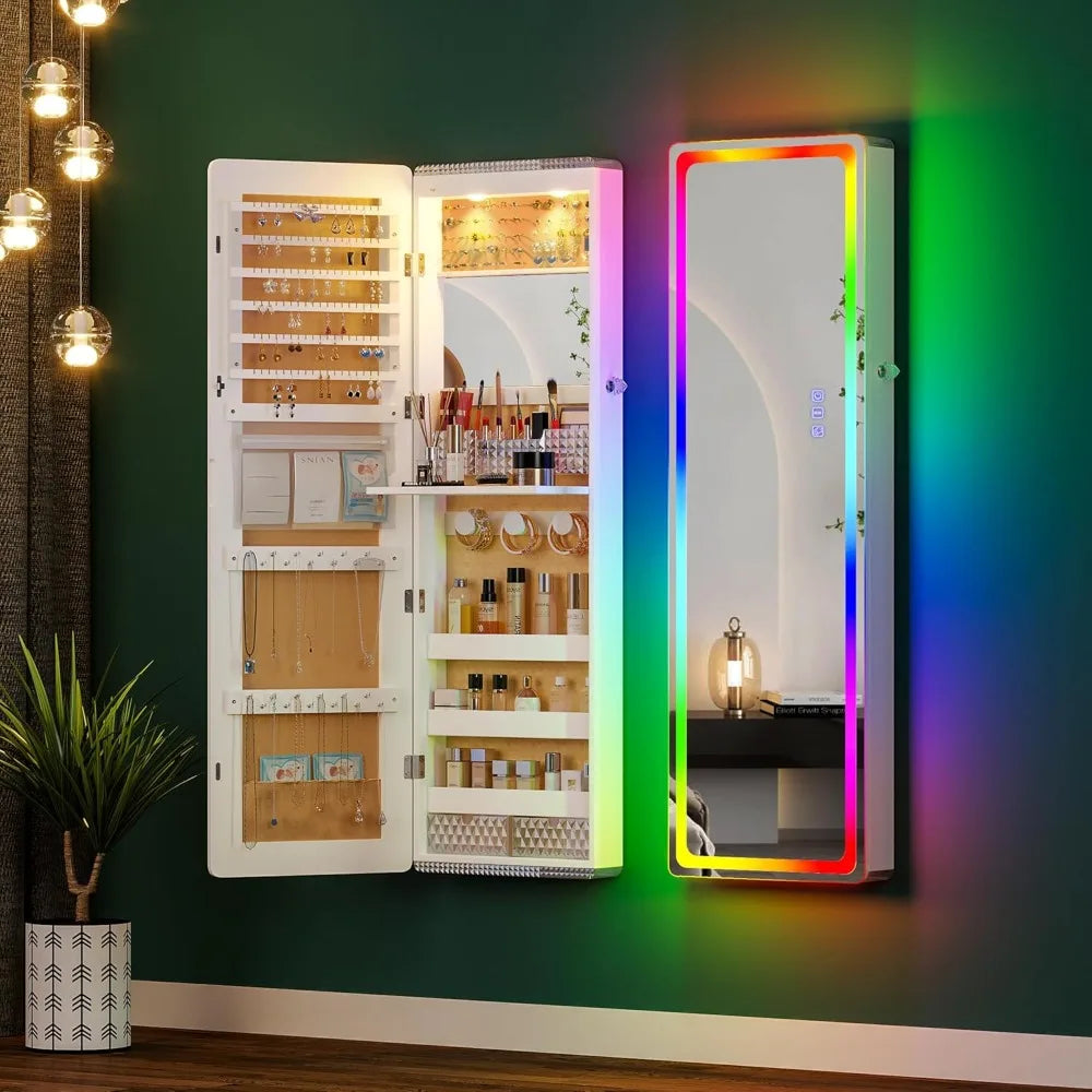 LED Mirror Jewelry Cabinet with RGB Lights,Wall Mounted Jewelry Organizer with Full-Length Mirror,Over The Door Hanging Jewelry