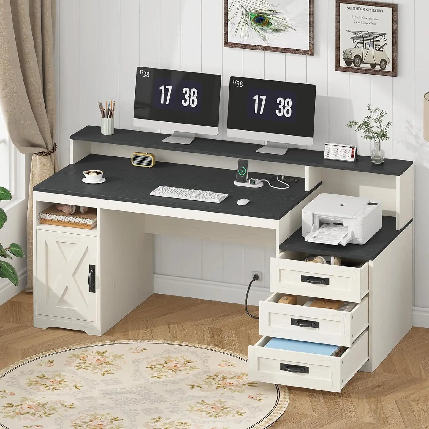 Farmhouse Computer Desk with Drawers, 65'' Home Office Desk with Power Outlets, Storage Cabinet and Printer Stand,, Customized