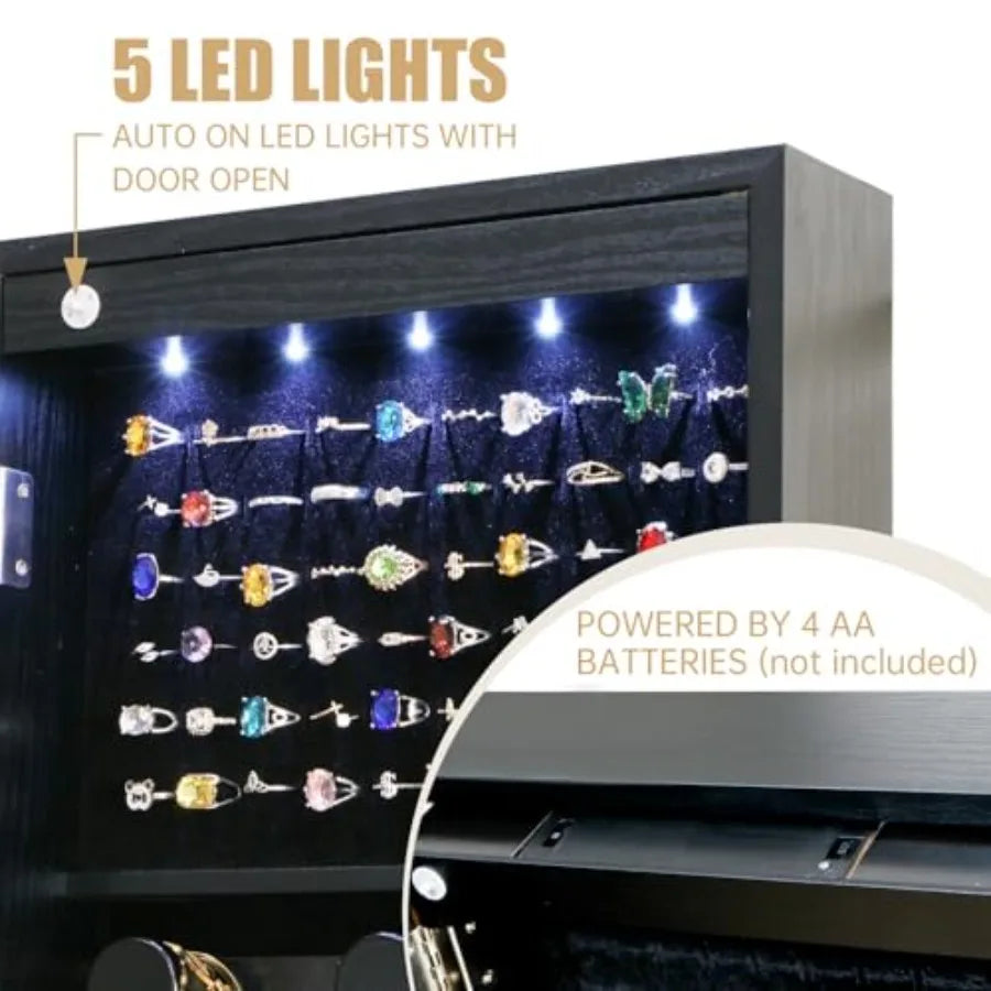 Full Length Mirror Jewelry Cabinet Organizer Lockable Door Wall-Mounted Jewelry Armoire with Shelves and Behind the Door Storag