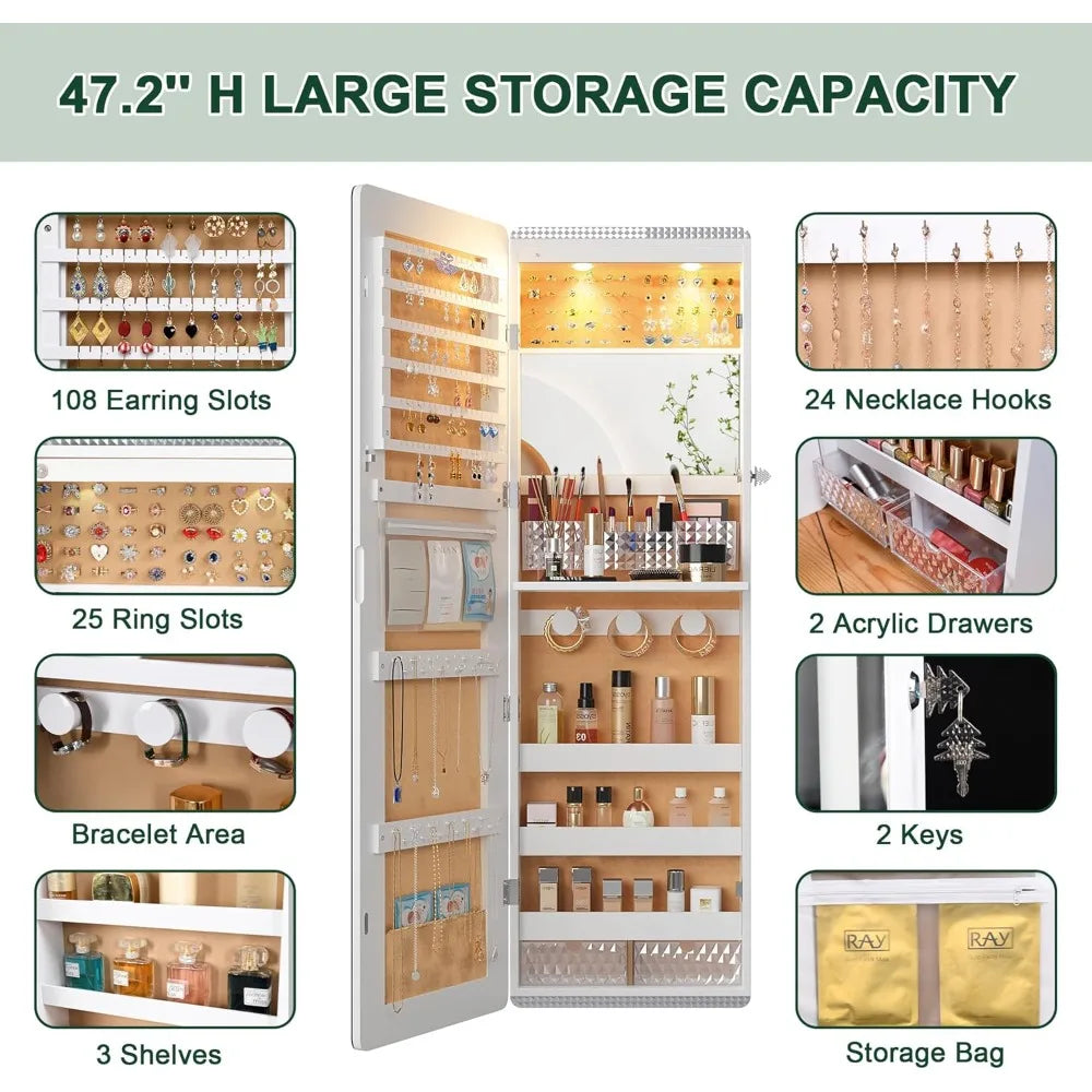 LED Mirror Jewelry Cabinet with RGB Lights,Wall Mounted Jewelry Organizer with Full-Length Mirror,Over The Door Hanging Jewelry