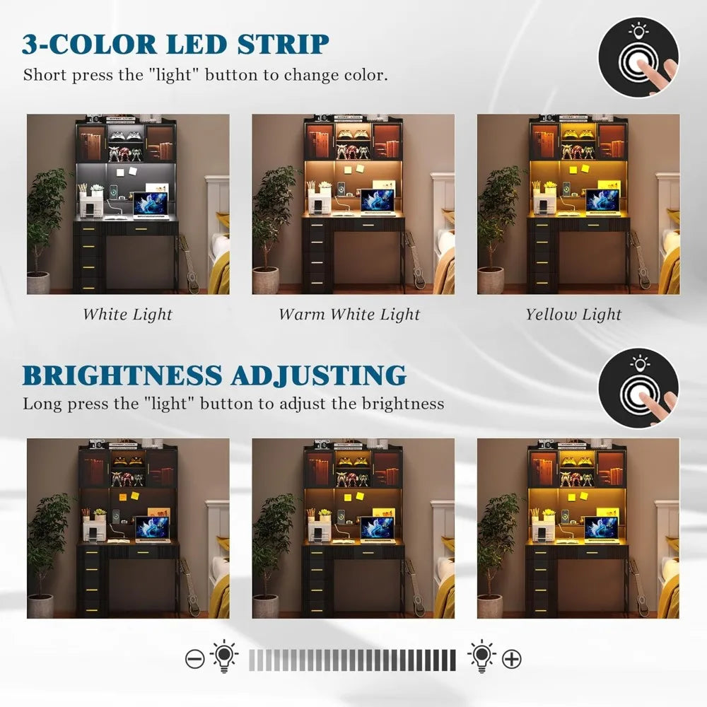 LED Study Desk with Hutch and Drawer, Home Office  with Outlet,Computer Desk with Charging Station,Writing for Bedroo,Customized