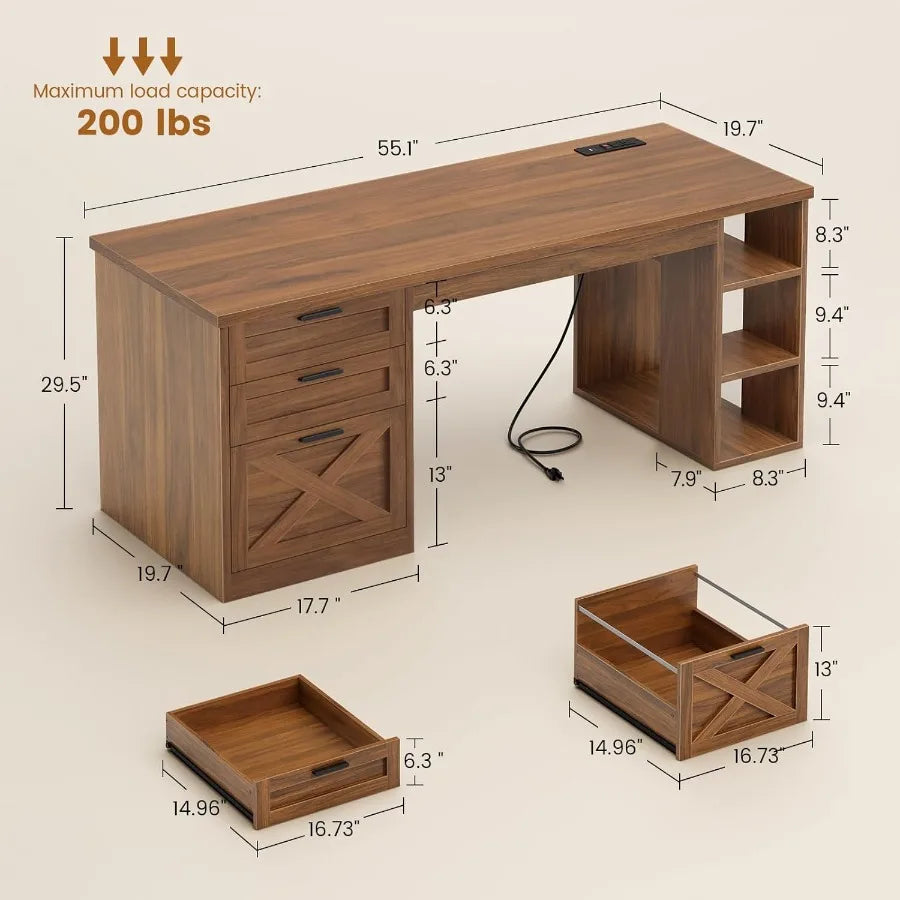 55.1 Executive Office Desk with 3 Drawers and Farmhouse Design Featuring File Drawer Storage Shelves and Built-in Power Outlet