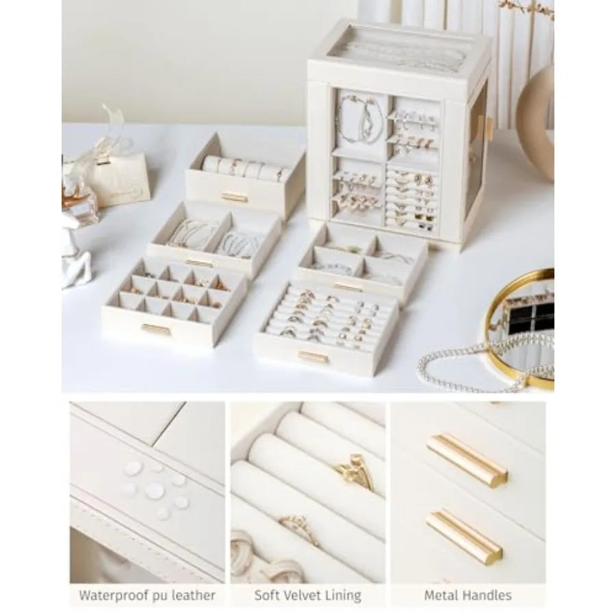 Jewelry Box 360° Rotating 6-Tier Organizer Open Design Large Vertical Jewelry Display Storage Case with Glass Window Gift for W