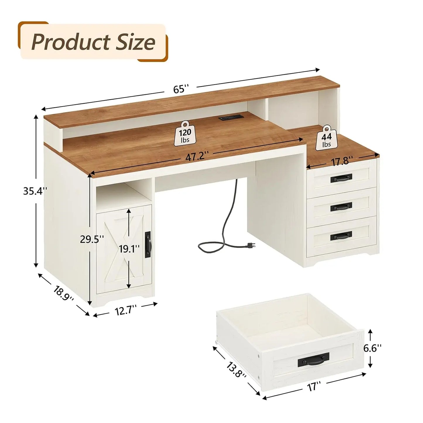 Farmhouse Computer Desk with Drawers, 65'' Home Office Desk with Power Outlets, Storage Cabinet and Printer Stand,, Customized