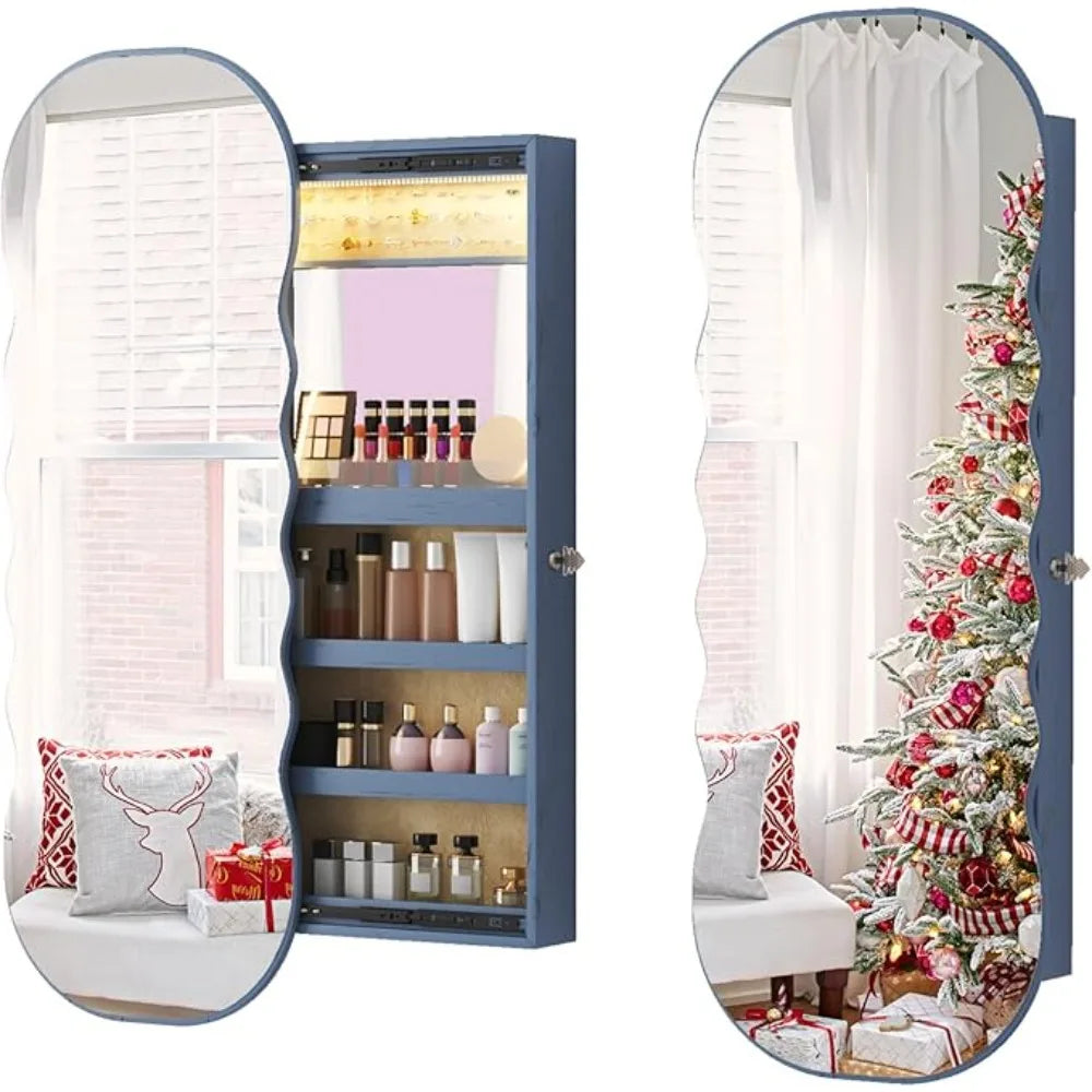 LED Mirror Jewelry Cabinet with RGB Lights,Wall Mounted Jewelry Organizer with Full-Length Mirror,Over The Door Hanging Jewelry