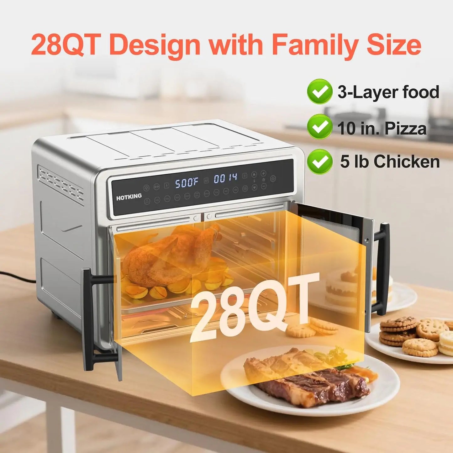 Dual-Zone Air Fryer Toaster Oven, 28 QT, Stainless Steel, Convection, French Door, Window, Racks, Rotisserie, Dehydrator, ETL Ra