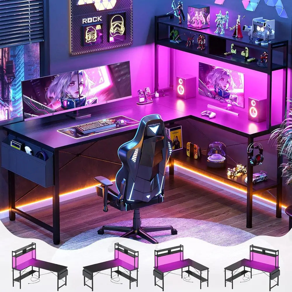 59 L Shaped Computer Desk with LED Light & Power Outlet, Reversible Home Office Desk Gamer Desks with Shelves & Storage Bag & Ho