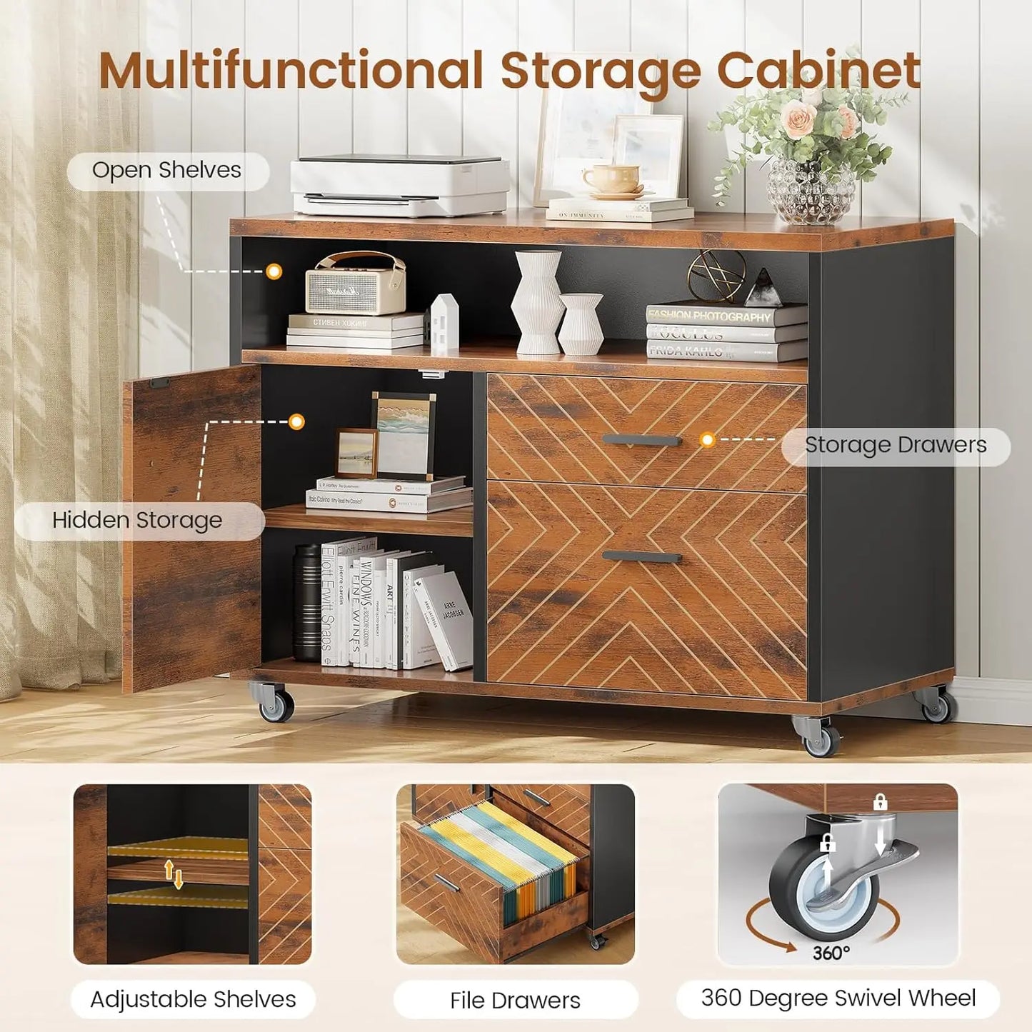 71" Executive Desk with Rolling File Cabinet, Large Office Desk with Drawers, L Shaped Computer Desk with Power, Customized