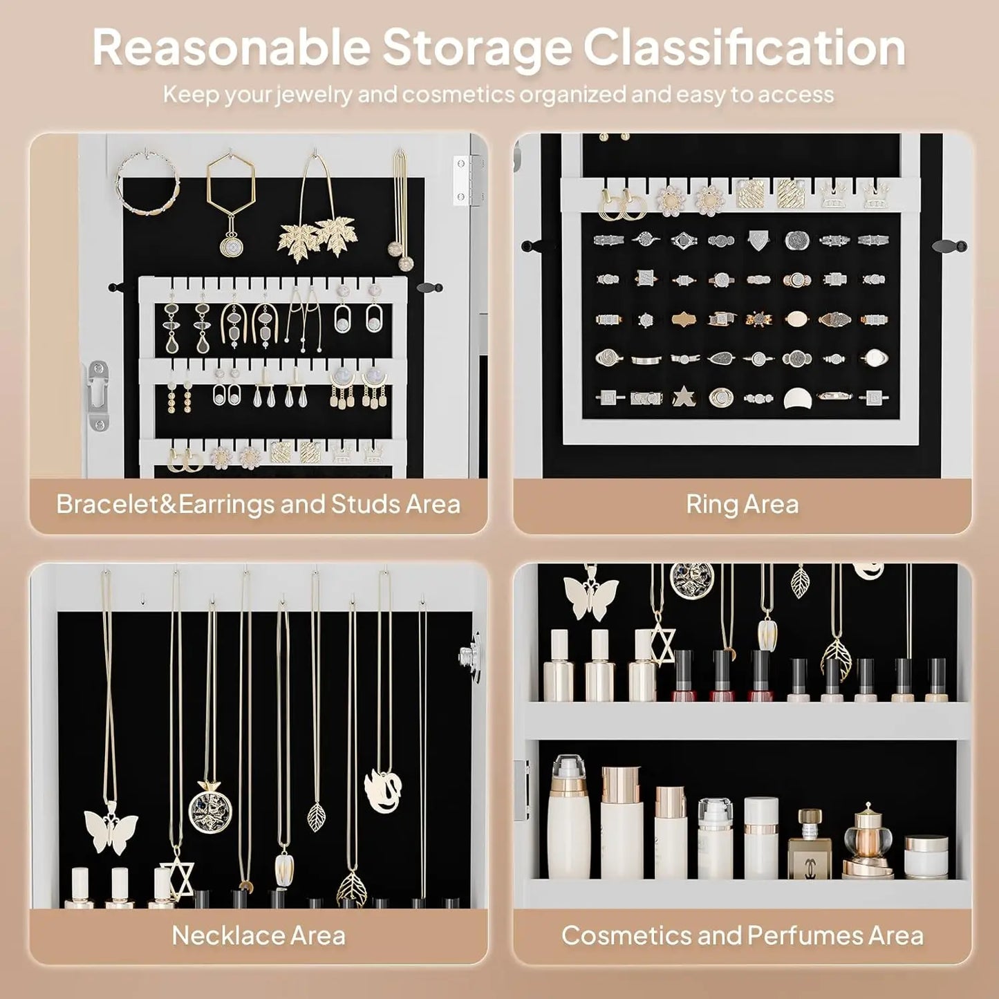 White Wall Mount Jewelry Cabinet with Photo Frame & Mirror, 24x12x4 Inch Storage Organizer for Women's Bedroom