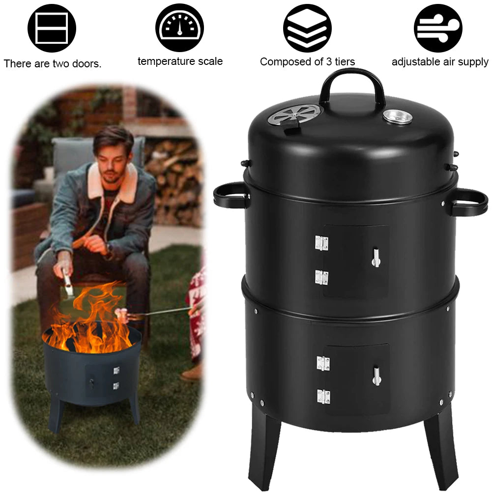 3 in 1 Vertical Charcoal BBQ Smoker Heavy Duty Round Smoking Grill Barbecue Smoker Barrel with Built-in Thermometer for Outdoor