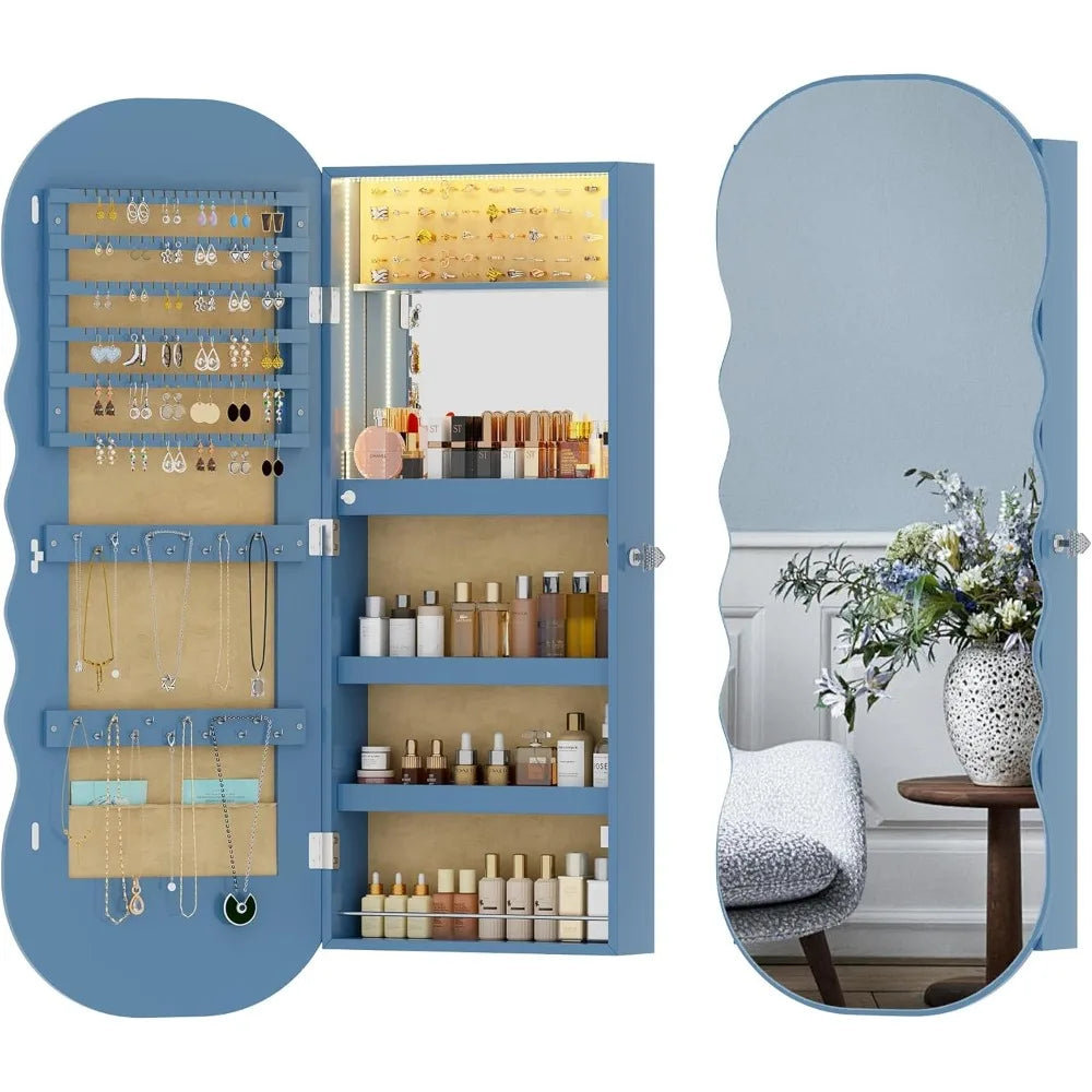 LED Mirror Jewelry Cabinet with RGB Lights,Wall Mounted Jewelry Organizer with Full-Length Mirror,Over The Door Hanging Jewelry