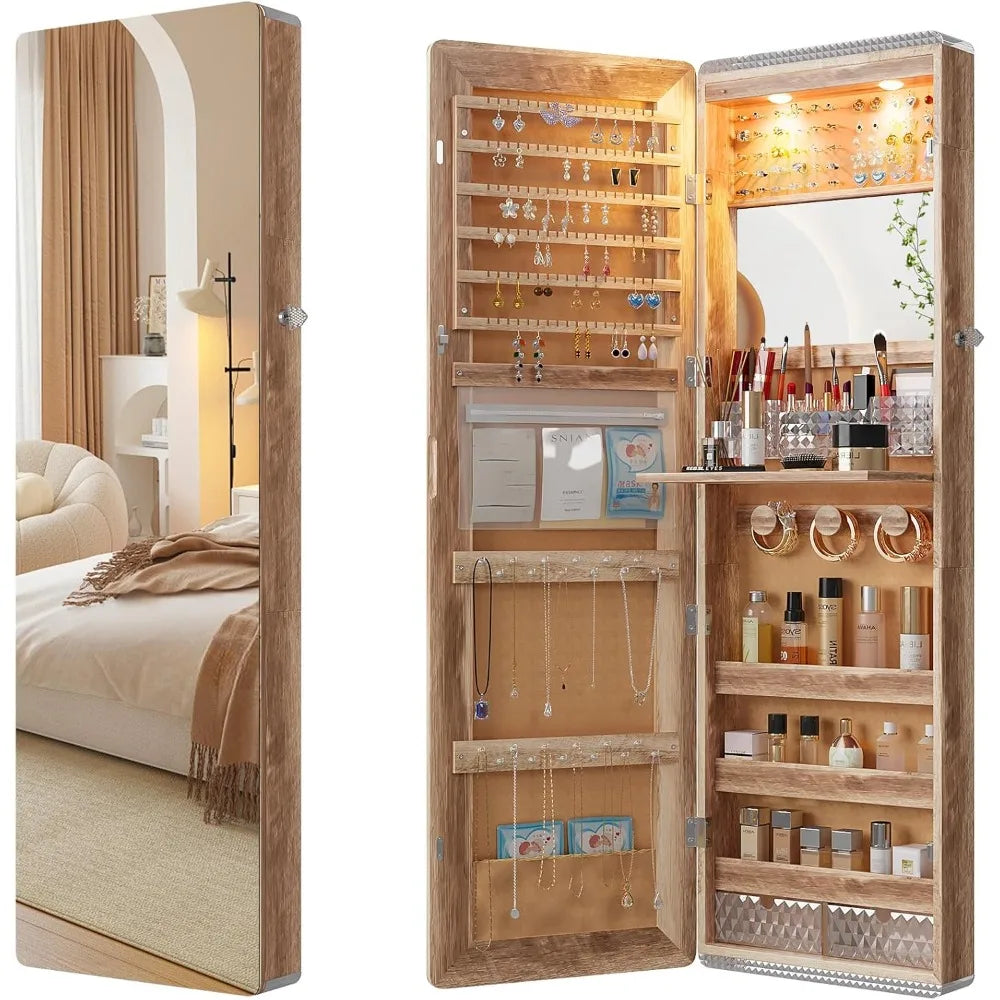 LED Mirror Jewelry Cabinet with RGB Lights,Wall Mounted Jewelry Organizer with Full-Length Mirror,Over The Door Hanging Jewelry