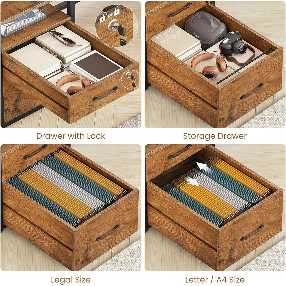 Rustic Brown 63 Office Desk with Lockable File Drawers, LED Lighting & Power Outlet for Home and Gaming