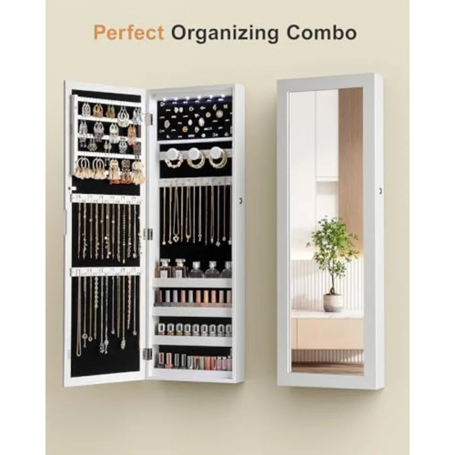 6 LEDs Mirror Jewelry Cabinet Large Capacity Lockable Jewelry Armoire Organizer Door or Wall Mounted Mirror with Jewelry Storag