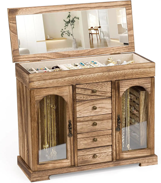 Rustic Wooden Jewelry Organizer Box with Mirror, 5-Layer Storage for Necklaces Earrings Rings Bracelets