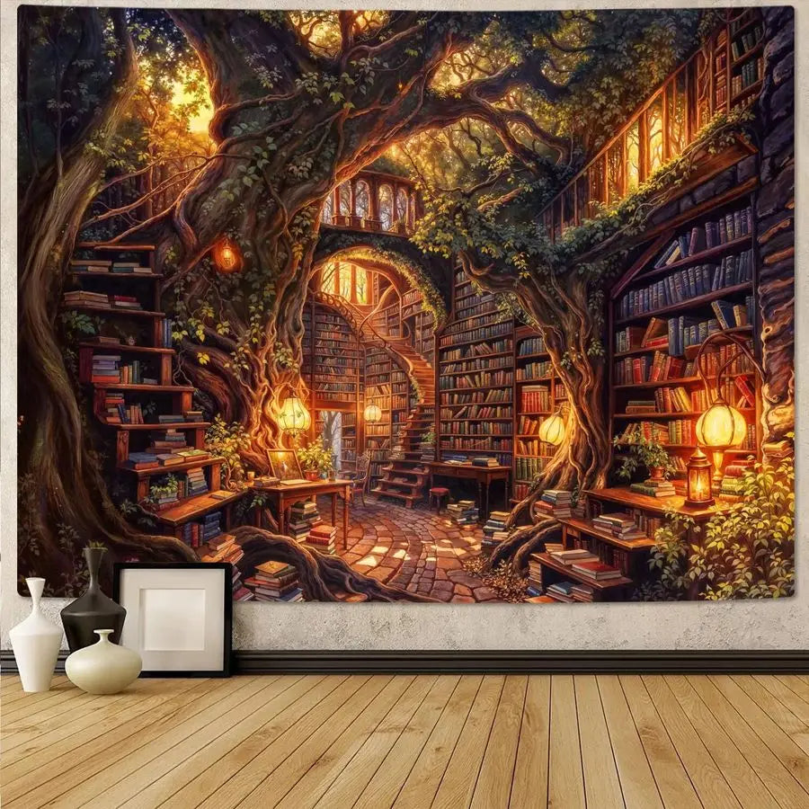 Forest Library Tapestry Tree Bookshelf Tapestries Wall Hanging Vintage Fantasy Fairy Treehouse Book Extra Large Tapestry for Bed