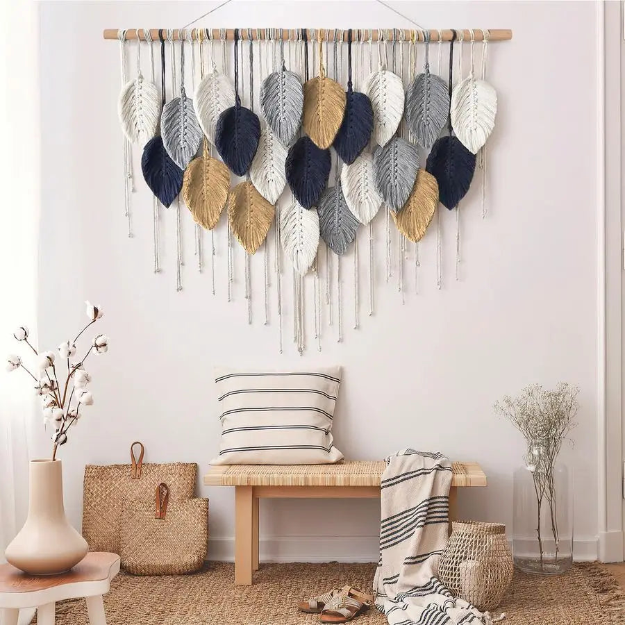 Large Macrame Wall Hanging, Boho Handmade Leaf Feather Bohemian Woven Tapestry, Chic Wall Art Home Decor for Bedroom Living Room