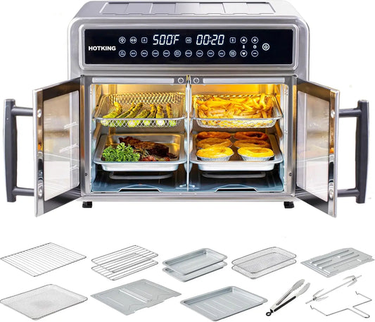 Dual-Zone Air Fryer Toaster Oven, 28 QT, Stainless Steel, Convection, French Door, Window, Racks, Rotisserie, Dehydrator, ETL Ra