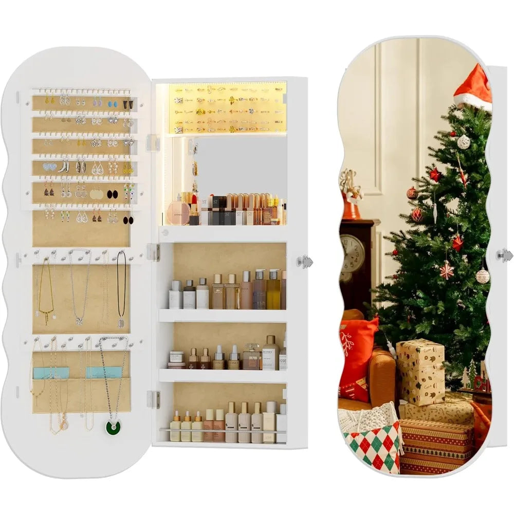 LED Mirror Jewelry Cabinet with RGB Lights,Wall Mounted Jewelry Organizer with Full-Length Mirror,Over The Door Hanging Jewelry