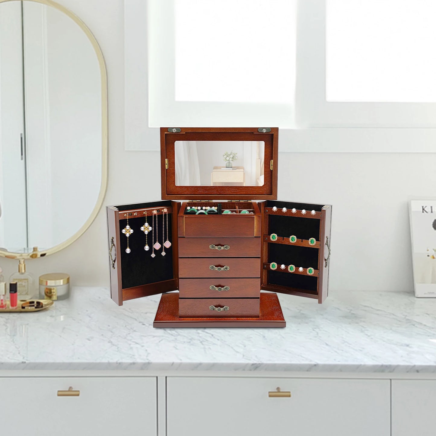 5 Tiers 4 Drawers Wooden Jewelry Box with Mirror Storage Box Large Soft Interior Gift Organizer for Necklace Earring