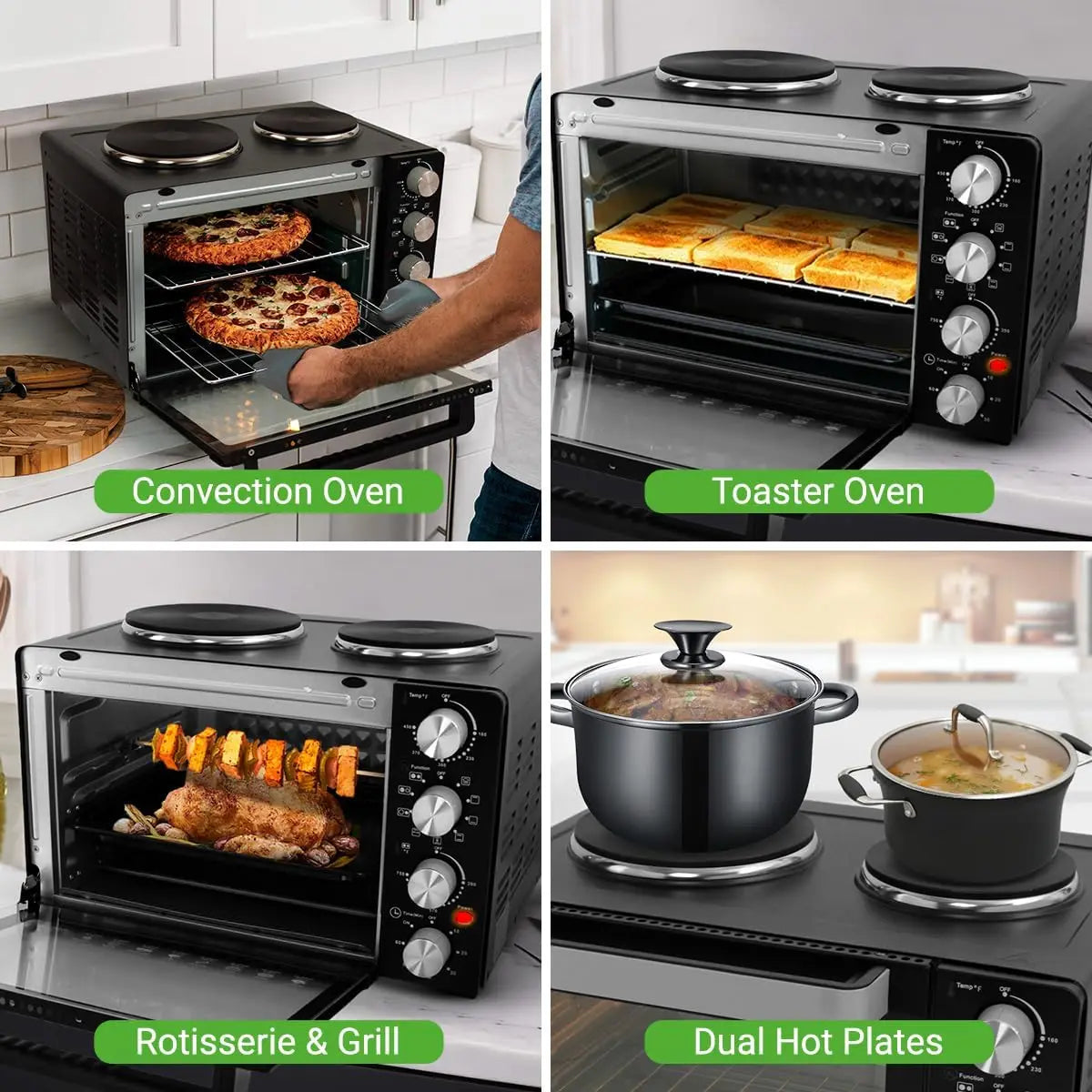 30 Qt Kitchen Convection Oven with 2 Burners, 1500W, 7 Functions, Includes Tray, Skewers, Handles